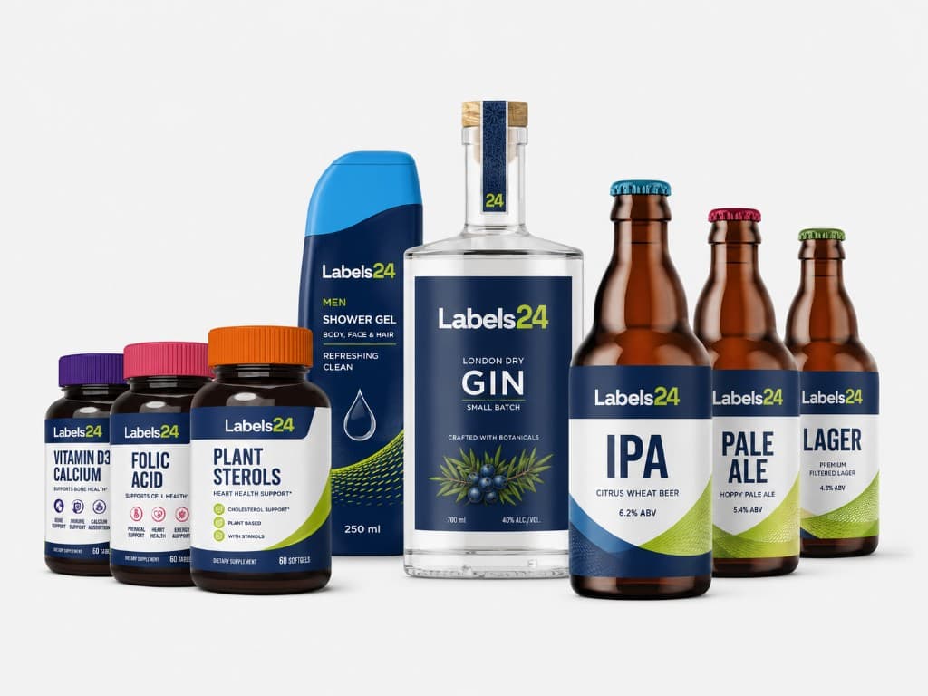 Custom Labels24 labels on supplements, personal care, spirits, and beverage bottles